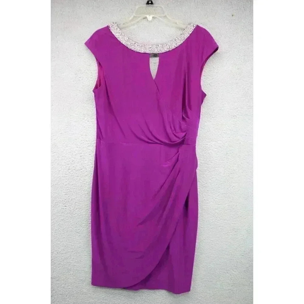 Alex Evenings Purple Faux Wrap Midi Dress-Size 12-Beaded Collar-Stretch
